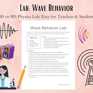 Puede incluir: Una hoja de trabajo colorida con un fondo rosa y texto negro. La hoja de trabajo se titula "LAB: WAVE BEHAVIOR" y es un laboratorio de física para estudiantes de secundaria o bachillerato. La hoja de trabajo incluye una lista de materiales, una sección de configuración y una sección de procedimiento. La hoja de trabajo también incluye ilustraciones de ondas sonoras.