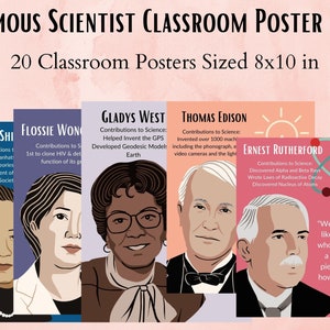 May include: A set of 20 classroom posters featuring famous scientists, each with a colorful illustration and a brief description of their contributions to science. The posters are sized 8x10 inches.