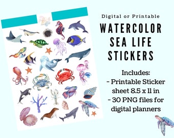 Watercolor Sea Life Stickers, Digital or Printable sheets, For Goodnotes, Notability, digital planners, Ocean animals
