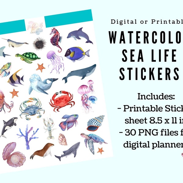 Watercolor Sea Life Stickers, Digital or Printable sheets, For Goodnotes, Notability, digital planners, Ocean animals