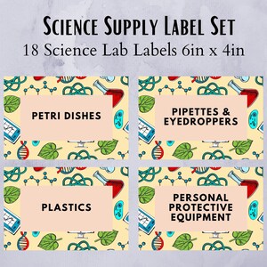 May include: Set of 18 science lab labels, each measuring 6 inches by 4 inches. The labels feature a yellow background with a pattern of science-related illustrations, including beakers, test tubes, and DNA strands. The labels are printed with black text and include the following categories: Petri Dishes, Pipettes & Eyedroppers, Plastics, and Personal Protective Equipment.