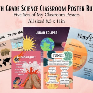 May include: A set of six colorful educational posters for a 6th grade science classroom. The posters cover topics such as geologic time, volcanology, lunar eclipses, fungi, and Pluto. Each poster features illustrations and text.