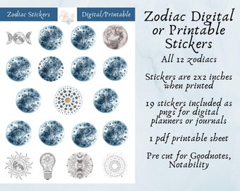 Astrology Digital Stickers & Printable Stickers for Digital planners, bullet journals, for Goodnotes. Print your own stickers. Sun, Moon