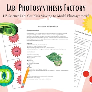 May include: A science lab worksheet titled "Lab: Photosynthesis Factory" with diagrams and text explaining photosynthesis. Includes a green chloroplast illustration, starbursts with "ATP" text, and a sun graphic.