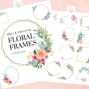 May include: A set of 12 watercolor floral frames with gold geometric outlines. The frames are perfect for adding a touch of elegance to your projects.