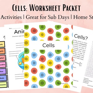 Cells Life Science Worksheet Packet for Middle School Science Class, Homeschool Curriculum, Animal Plant Cells, Sub plan, Printable