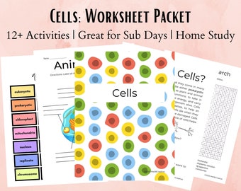 Cells Life Science Worksheet Packet for Middle School Science Class, Homeschool Curriculum, Animal Plant Cells, Sub plan, Printable