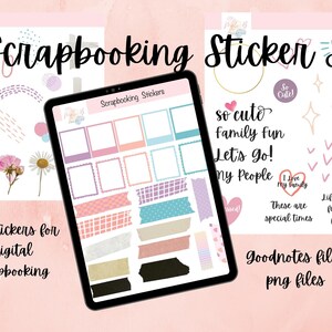 May include: A digital scrapbooking sticker set with 50 stickers featuring a variety of designs, including hearts, stars, flowers, and washi tape. The text "Scrapbooking Stickers" and "So Cute!" are visible in the image. The stickers are designed for digital scrapbooking.