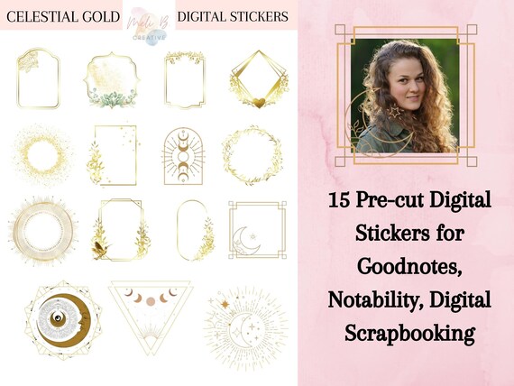 Celestial Gold Frame Stickers for Digital Planners, digital Journals and scrapbooking. Goodnotes Stickers. Sun, Moon, boho, art deco