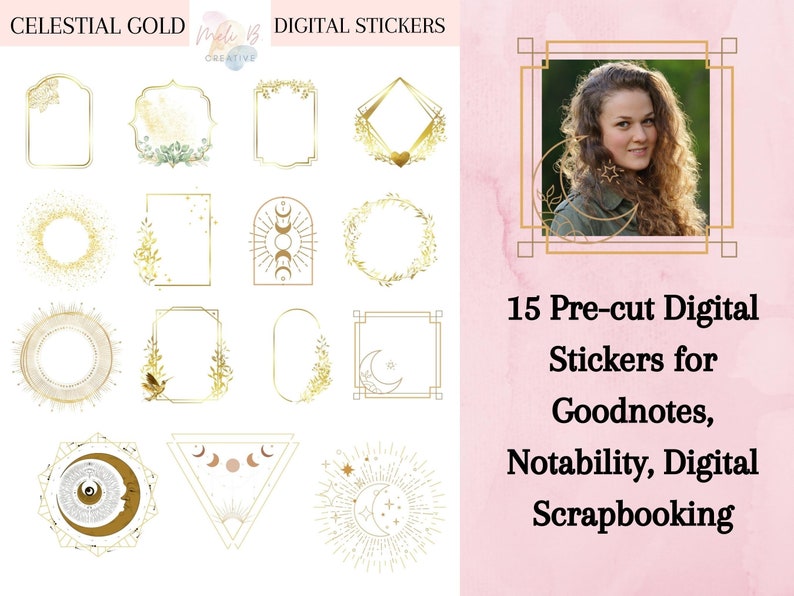 May include: A set of 15 gold digital stickers featuring celestial and floral designs. The stickers are pre-cut and perfect for use in digital planners, notes, and scrapbooking.