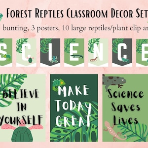 May include: A classroom decor set with a bunting spelling "SCIENCE" and three posters. The posters feature the phrases "BELIEVE IN YOURSELF", "MAKE TODAY GREAT", and "Science Saves Lives". The set includes reptile and plant clip art.