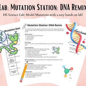 May include: A printable science lab activity for high school students to learn about DNA mutations. The activity includes a game board, a teacher's guide, and a DNA sequence card. The game board features a cartoon snake with a DNA strand and a dice roll chart. The teacher's guide includes a 3D model of a DNA strand. The DNA sequence card has a DNA sequence and a space for students to record their mutations.