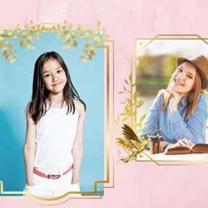 May include: Two framed portraits of women, one with a blue background and the other with a green background. The woman in the blue frame is wearing a white tank top and white pants. The woman in the green frame is wearing a blue and white striped shirt and a brown hat. Both frames have gold accents and floral designs.