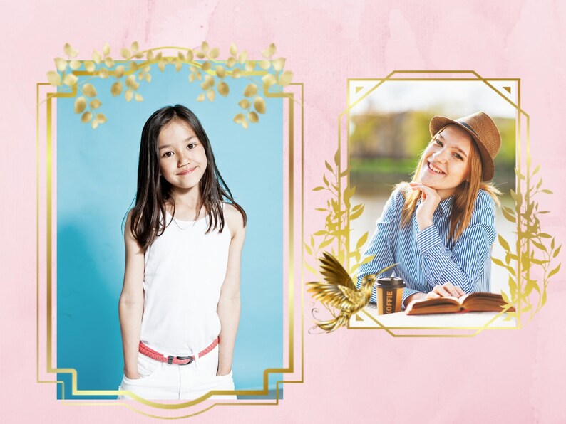 May include: Two framed portraits of women, one with a blue background and the other with a green background. The woman in the blue frame is wearing a white tank top and white pants. The woman in the green frame is wearing a blue and white striped shirt and a brown hat. Both frames have gold accents and floral designs.