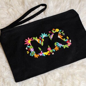 Flower Initial Makeup Bag- Hand Stitch Embroidery