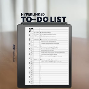 Peut inclure: Un planificateur numérique noir et blanc avec une liste de tâches affichée à l'écran. La liste comprend des tâches telles que la définition d'objectifs mensuels, la planification de votre emploi du temps hebdomadaire et le désencombrement de votre espace de travail. Le planificateur est intitulé "HYPERLINKED TO-DO LIST".