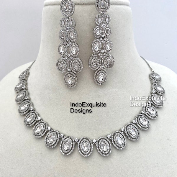 Premium Quality Tyaani Inspired Statement Silver Necklace set/ Real Kundan American Diamond/High Quality uncut Kundan polki Jewelry