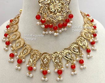 Punjabi Jadau orange necklace Set with Jhumki earrings and Tikka /Indian/Hyderabadi Jadau Set/Traditional Jewelry/Gold Plated jewelry