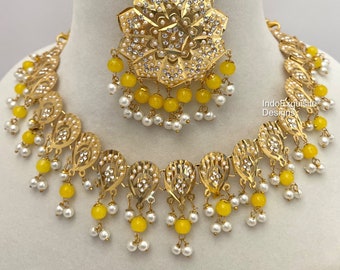Punjabi Jadau necklace Set with Jhumki earrings and Tikka /Indian/Hyderabadi Jadau Set/Traditional Jadau Jewelry/Traditional Gold Plated