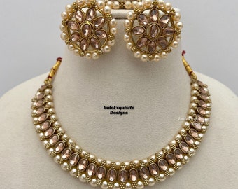 Antique Polki Necklace Set With Studs and Tikka Bridesmaids Sets indian Jewelry High Quality Kundan and Polki Jewelry bollywood Jewelry Etsy