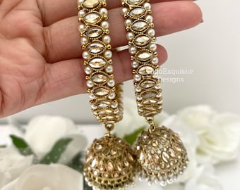 Style Bollywood Polki Kundan Antique Finish Jhumka Bangles Set (2 pièces) /Punjabi Jhumki bracelets de perles/ Bracelets de mariée/Bracelets de mariage