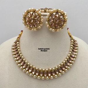 Antique Polki Necklace Set with studs and tikka / Bridesmaids sets/Indian Jewelry/ High Quality Kundan and Polki Jewelry/Bollywood Jewelry