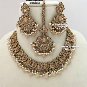 Antique Polki Necklace Sets/ Reverse AD necklace/Indian Jewelry/ High Quality Kundan and Polki Jewelry/peach