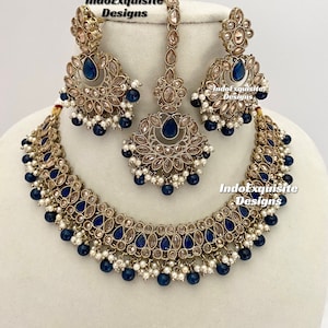 Antique Polki Necklace Sets/ Reverse AD necklace/Indian Jewelry/ High Quality Kundan and Polki Jewelry/Navy blue