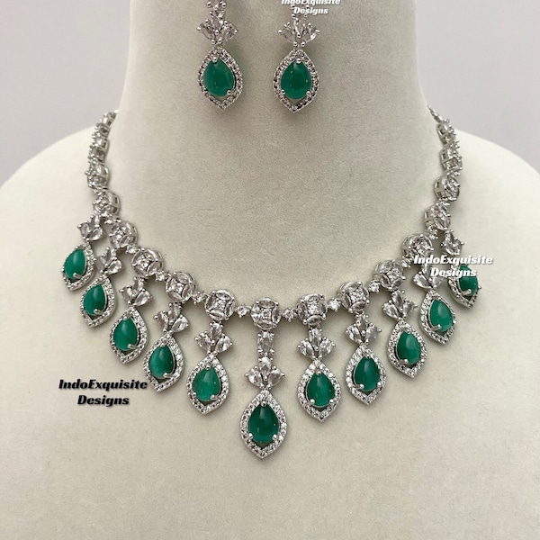 Conjunto de collar de diamantes americano/verde plata /collar CZ/joyería india/ joyería de recepción/ joyería de Bollywood/verde