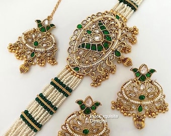 Gold polished polki choker set/Indian jewelry/Kundan Polki Necklace/High quality jewelry/Bollywood style choker set