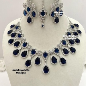 American Diamond Necklace Set in Silver blue/CZ Necklace/Indian Jewelry/ Reception Jewelry/ Bollywood Jewelry