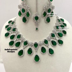 American Diamond Necklace Set in Silver Green/CZ Necklace/Indian Jewelry/ Reception Jewelry/ Bollywood Jewelry