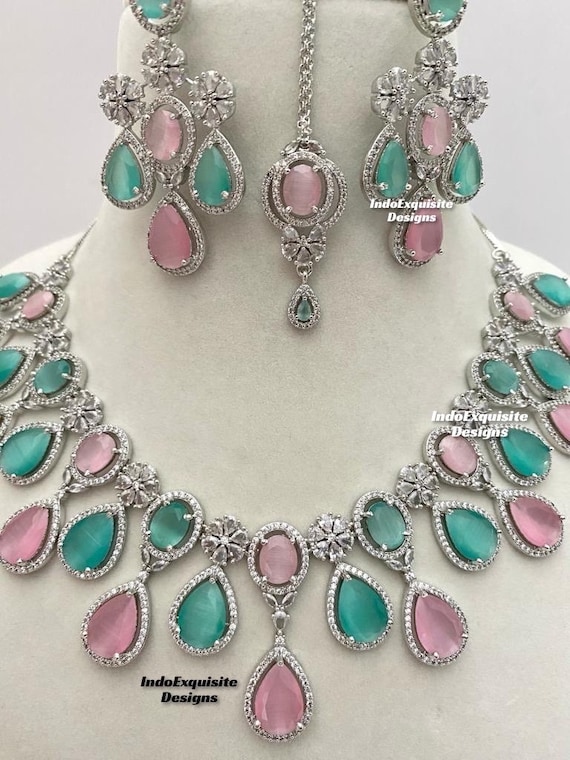 American Diamond Necklace Set in Silver Pink Mint/cz Necklace