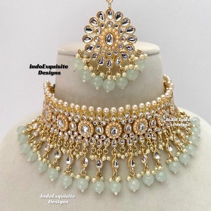 Kundan Choker Set in light mint color/Indian jewelry/Kundan Polki Necklace/High quality jewelry/Bollywood style choker set