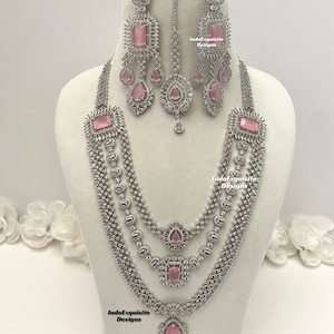アメリカンダイヤモンドロングネックレスセット / CZネックレス / インディアンジュエリー / トリプルレイヤーADロングネックレス / シルバーピンク