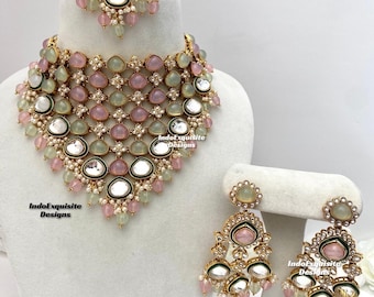 Premium Quality elegant  Kundan choker Set/ Indian Jewelry/Indian bridal set/Bridal jewelry/pink mint/pink pista