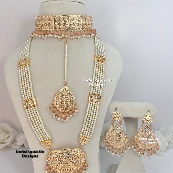 Jadau choker set and Rani haar combo/ Indian bridal set/Punjabi Jadau Necklace Set/Hyderabadi jewelry/ Jadau choker and pearls Rani haar