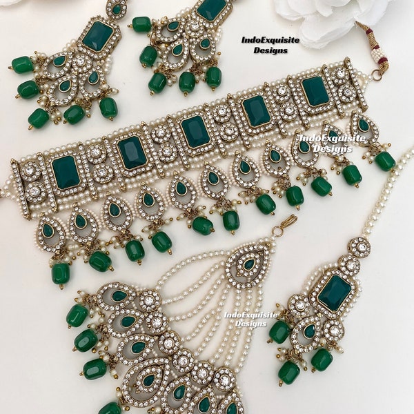 Elegant Pakistani choker Set/Pakistani bridal set with Jhoomer/ Passa/high quality jewelry/Reception jewelry/green