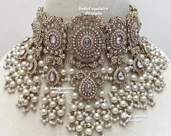 Premium Quality Antique gold Polki Pakistani necklace Set/Pakistani bridal set with Jhoomer/ Passa/high quality jewelry with side head piece
