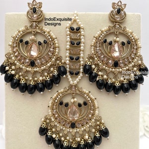 High quality Antique gold polki Earrings and Tikka Set/ Indian Jewelry/ Bollywood Jewelry/ Antique gold reverse ad tikka set