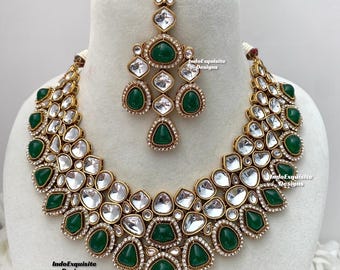 Sabyasachi inspired Premium quality Kundan Statement Necklace Set with elegant earrings and tikka/Bollywood style necklace/Green