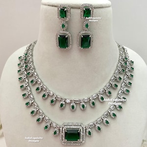 American Diamond Necklace Set / CZ Necklace/Indian Jewelry/ double layer/2 layered AD necklace/Silver green