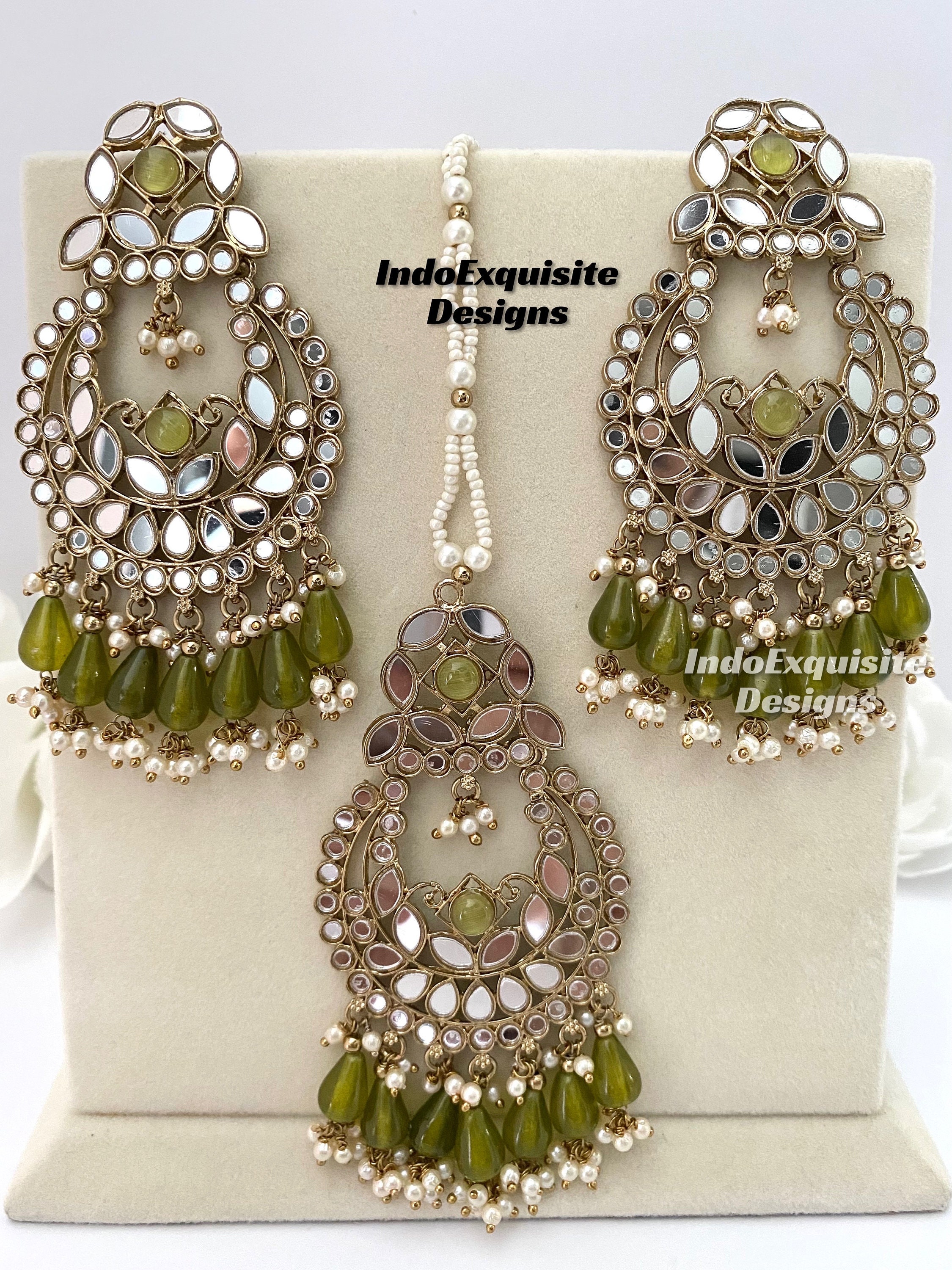 Antique Mirror Earrings and Tikka Sets/ Indian Jewelry/ Bollywood Jewelry/ High Quality Jewelry/ Punjabi Jewelry/ tikka sets