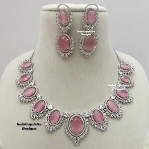 American Diamond Necklace Set / CZ Necklace/Indian Jewelry/ Reception Jewelry/ Bollywood Jewelry/Silver Pink
