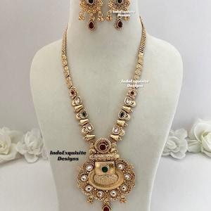 Matt gold Finish polki kundan long necklace with earrings /Indian Jewelry/matt finish temple jewellery/South Indian/Rajwadi Necklace