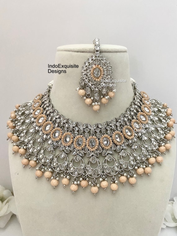 Polki Necklace Set in Silver Combinations Indian Jewelry High Quality Kundan and Polki Jewelry bollywood Jewelry Etsy