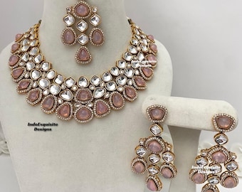 Sabyasachi inspired Premium quality Kundan Statement Necklace Set with elegant earrings and tikka/Bollywood style necklace/pink
