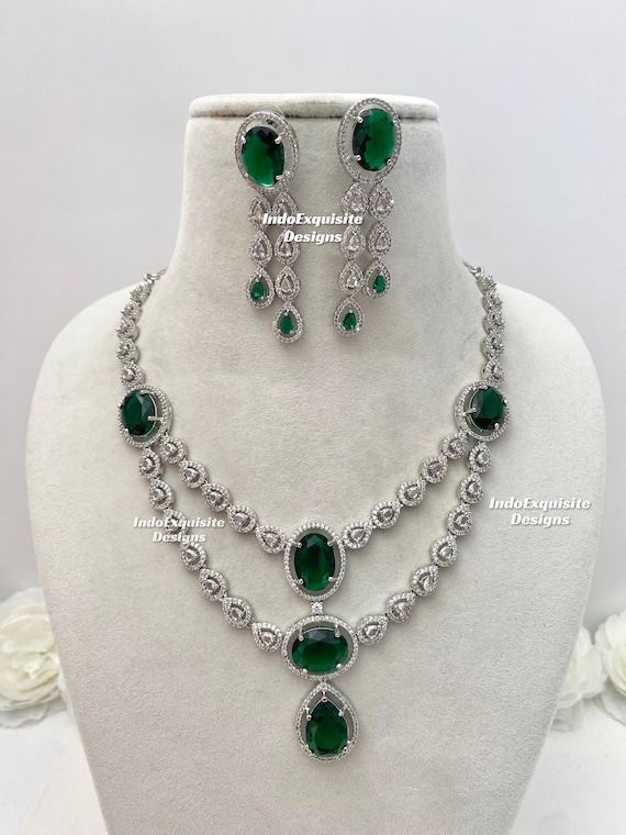 Silver and Green double layer American Diamond Necklace Set/CZ Necklace/Indian Jewelry/ Double layer Statement AD necklace set