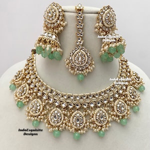 Kundan Necklace Set/Indian jewelry/Kundan Polki Necklace/High quality jewelry/Bollywood style necklace set/ trendy necklace set/mint green