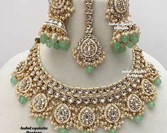 Kundan-kettingset/Indiase sieraden/Kundan Polki-ketting/Hoge kwaliteit sieraden/set ketting in Bollywood-stijl/trendy kettingset/mintgroen